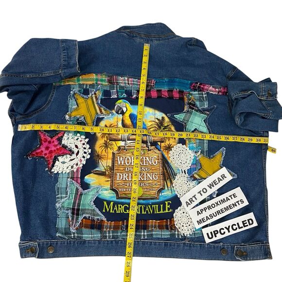 Upcycled Denim Jacket Womens 3X Margaritaville Grunge Patchwork Folk Art Boho - Picture 3 of 15